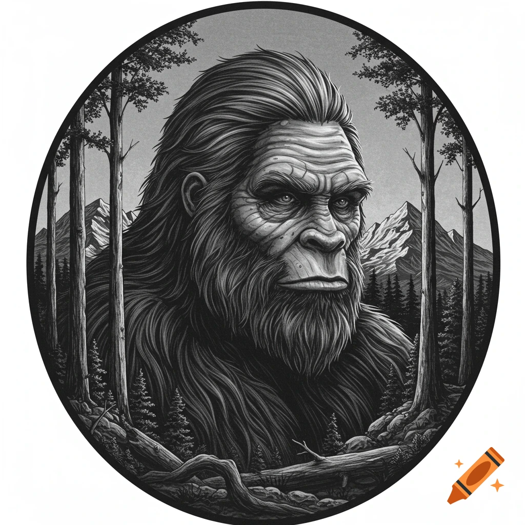 Highly detailed greyscale illustration of a Bigfoot's head and torso, framed in a rounded shape, with trees and mountains in the background.