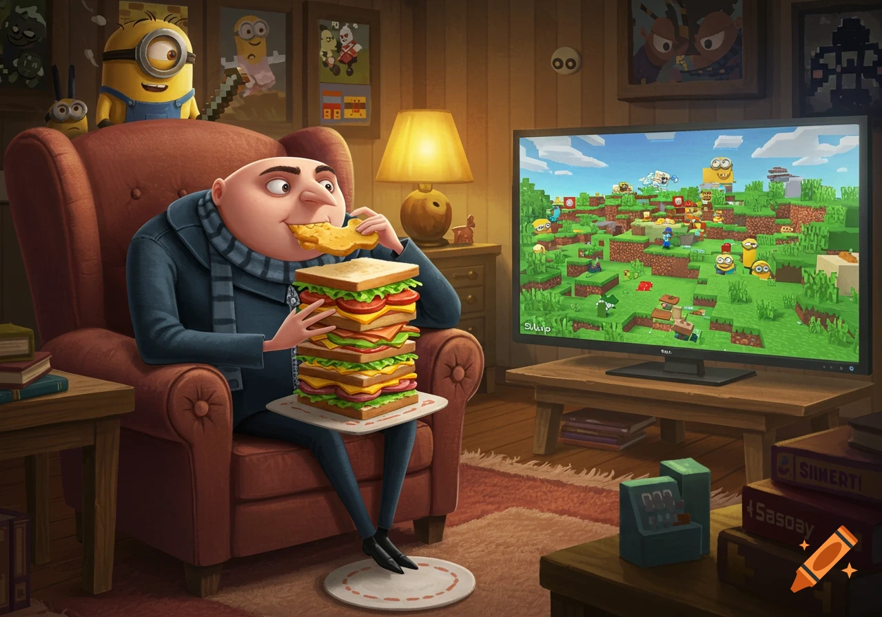 Gru sits in an armchair, eating a giant sandwich while watching a Minecraft-style game featuring Minions on a large TV in a cozy living room.