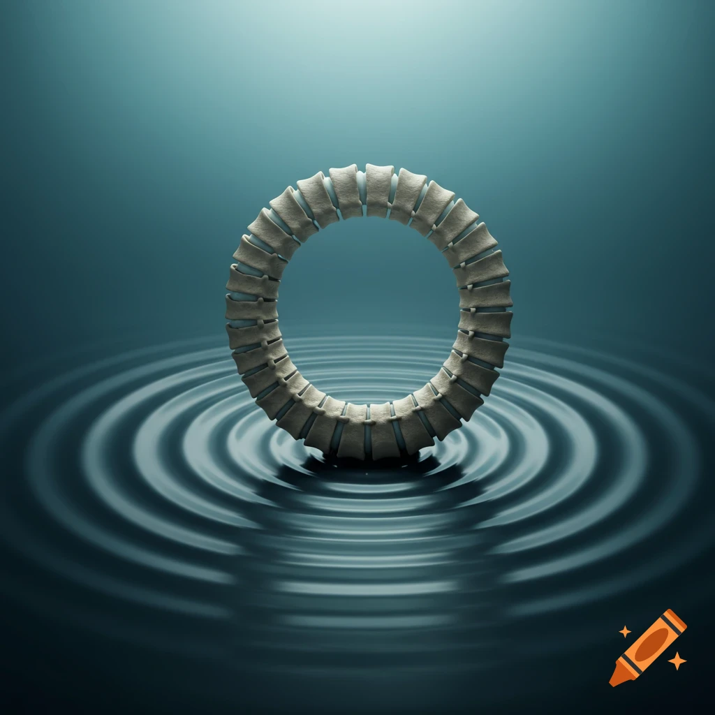A ring formed from bone-like segments floats on calm, dark blue water with concentric ripples radiating outwards, against a teal background.
