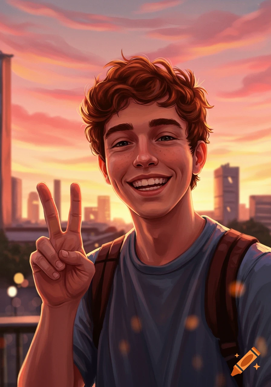 Illustrative portrait of a smiling young man with red curly hair, making a peace sign against a sunset cityscape.