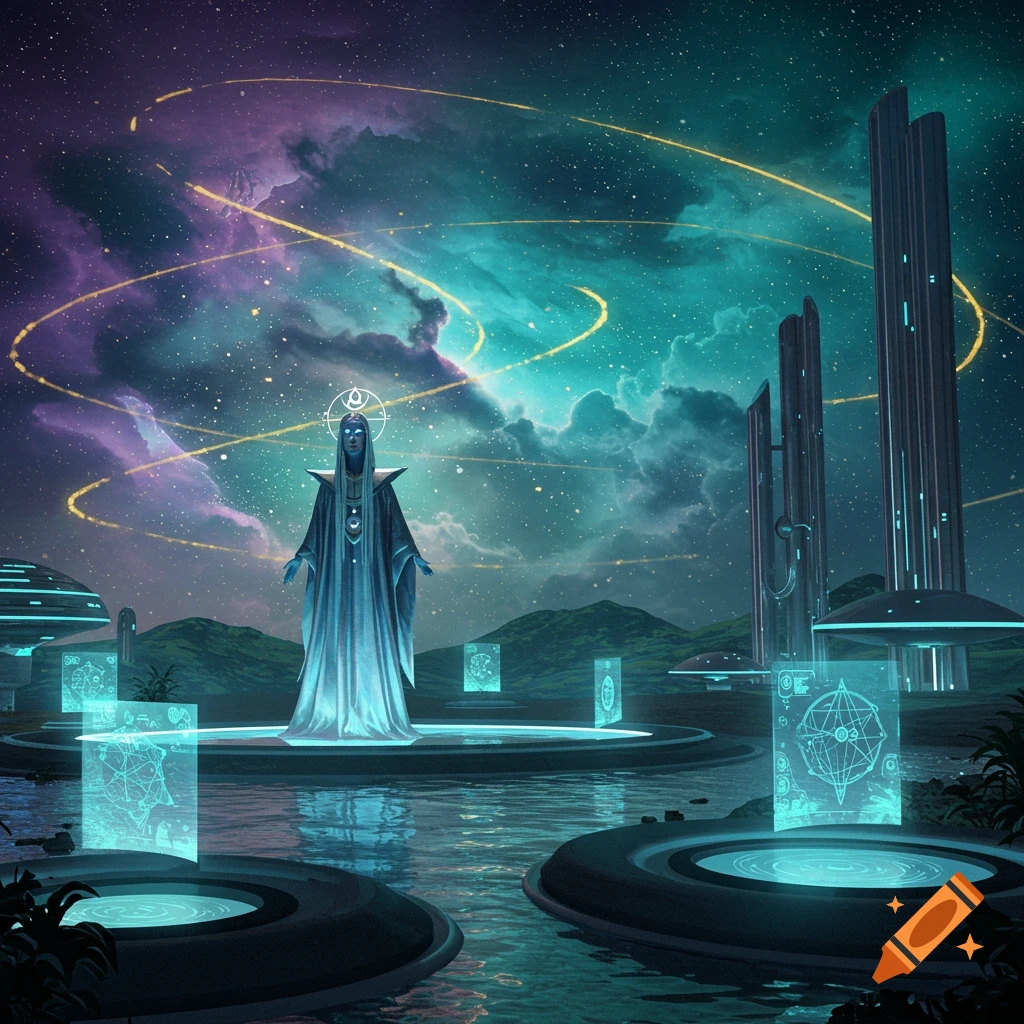 A robed mystic figure stands on a glowing platform in a futuristic alien landscape under a vibrant cosmic sky.