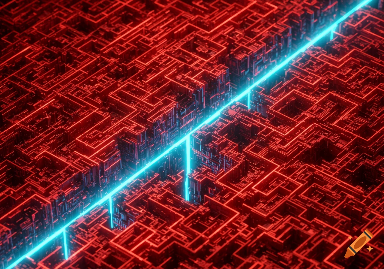 A vibrant, intricate maze of glowing red lines and geometric shapes, bisected by a bright, luminous blue beam of light.