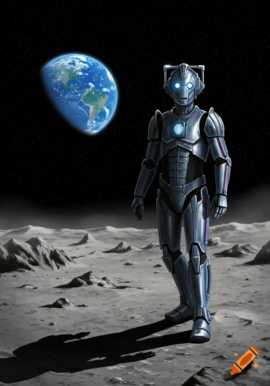 A metallic Cyberman stands on the rocky moon surface, gazing towards Earth in the dark starry sky.