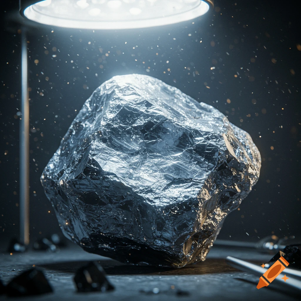 Photorealistic image of a dark, irregularly shaped metallic chunk, illuminated from above by a bright light, with shimmering dust.