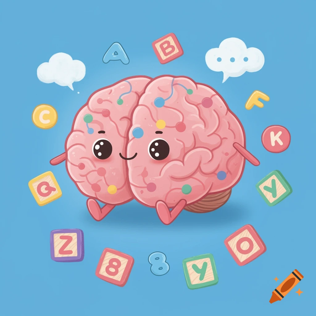 A cute, smiling cartoon brain character surrounded by colorful alphabet blocks and numbers on a blue background.