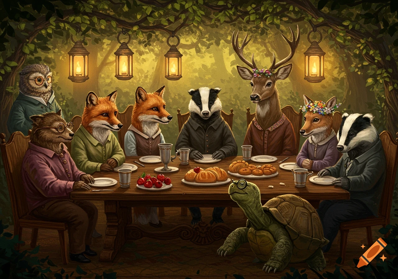 Anthropomorphic animals like foxes, badgers, deer, owl, and turtle dine at a table in an enchanted forest. Illustrated.