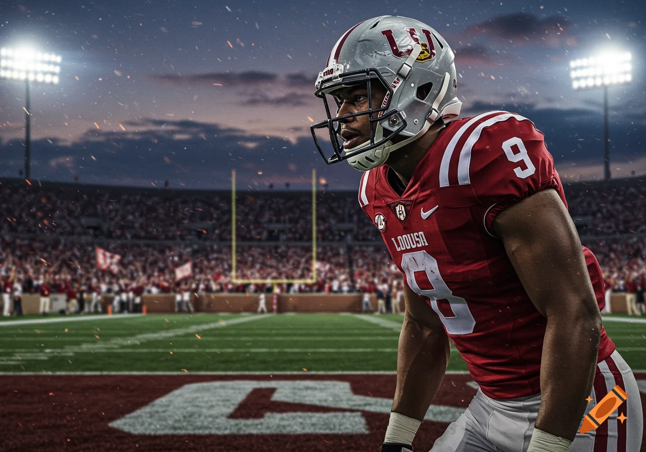 A photorealistic image of a football player in a red and white uniform, with number 9 on his shoulder, standing on a stadium field under lights at dusk.