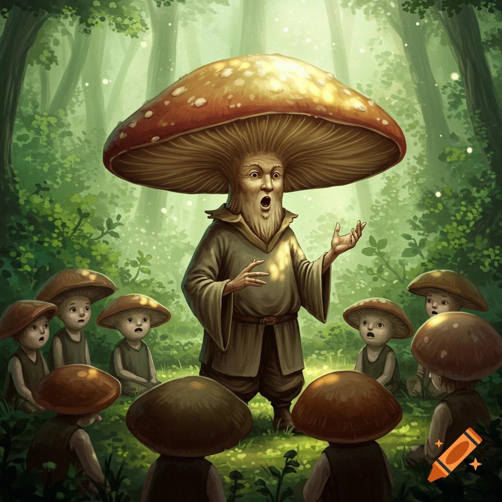 A large mushroom-headed man passionately lectures to a circle of smaller mushroom-headed children in a magical forest, digital illustration.
