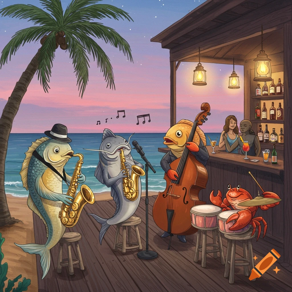 An anthropomorphic fish jazz band and a crab drummer perform on a beach stage at sunset, with a bar and palm tree.