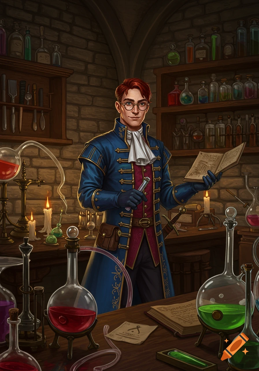 A red-haired man in a blue coat and glasses stands in an alchemist's lab, holding a test tube and an open book, surrounded by glowing potions and equipment.