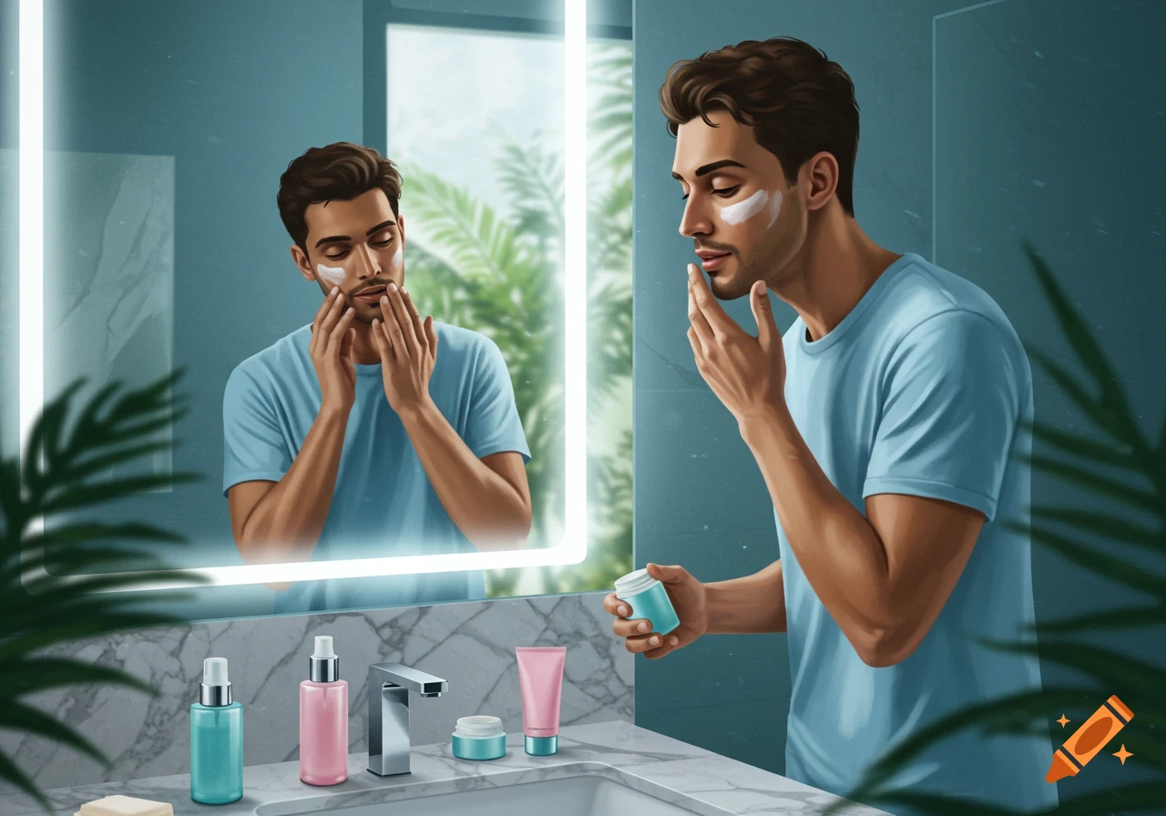 An illustration of a man with dark hair applying white cream to his face in a modern bathroom, looking at his reflection in a lighted mirror. Skincare products are on the counter.