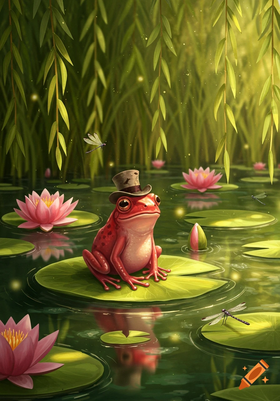A cute red frog wearing a tiny brown hat sits on a lily pad in a vibrant pond with pink water lilies and dragonflies. Lush green foliage hangs above.