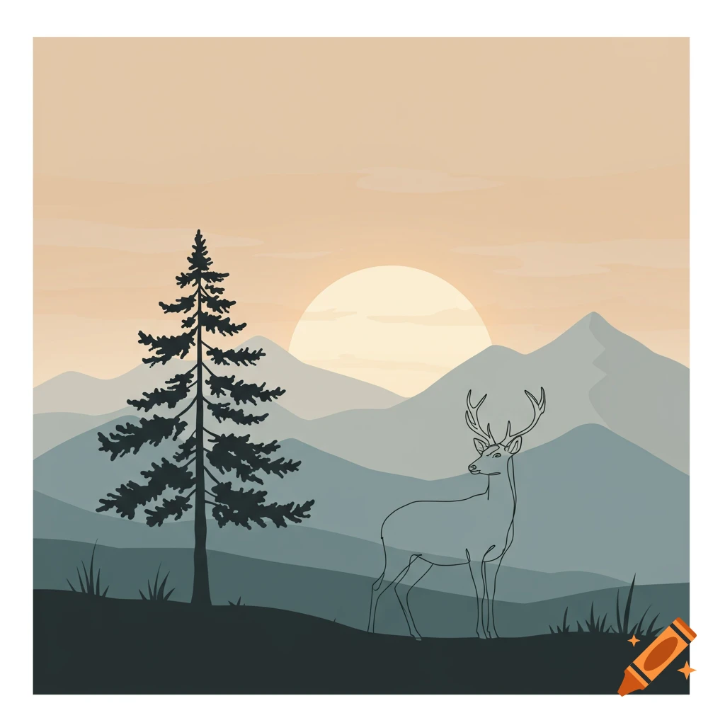 Minimalist outline illustration of a deer and a pine tree against mountains at sunset.