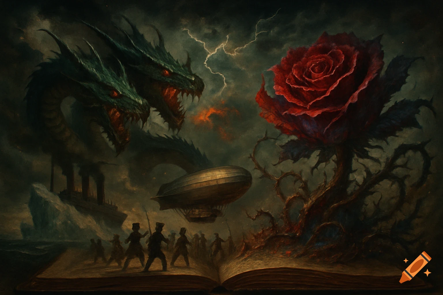 A dark fantasy painting of a three-headed dragon and giant thorny rose monster with soldiers, a zeppelin, and ship emerging from an open book.