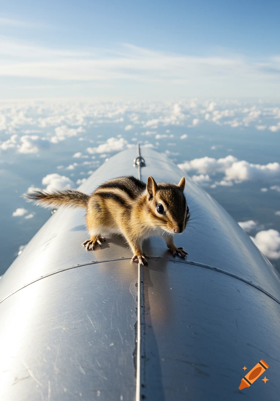 A photorealistic close-up of a chipmunk standing on a metallic blimp high above a layer of white clouds.