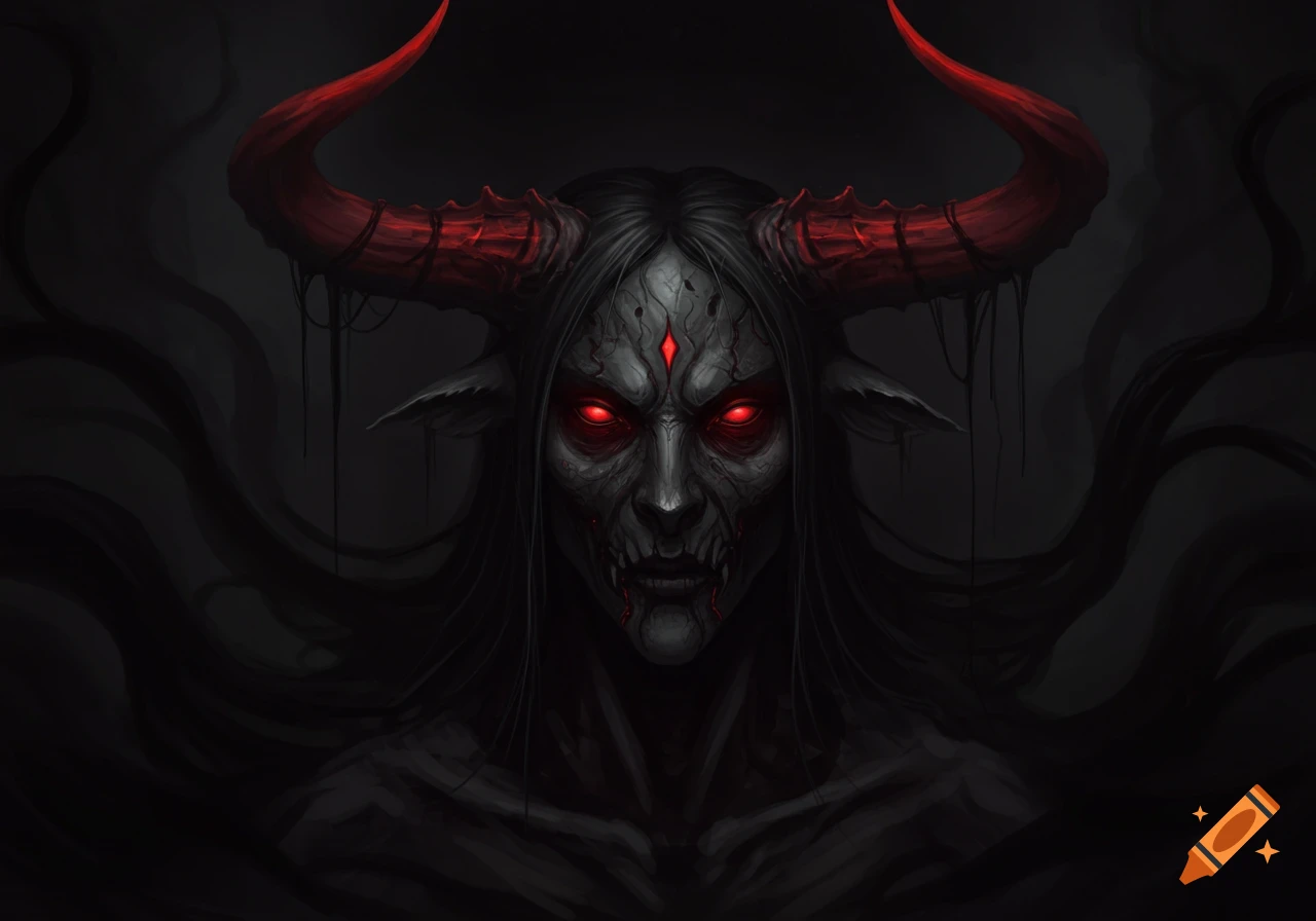 A dark fantasy portrait of a horned demon with glowing red eyes, sharp teeth, and blood. It emerges from shadows.