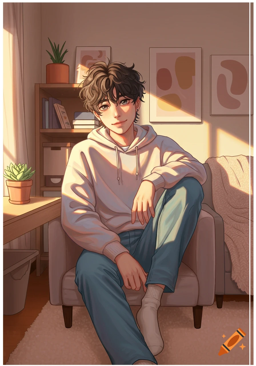 Anime-style young man with dark curly hair sitting in a sunlit chair in a cozy room, wearing a white hoodie and blue jeans.