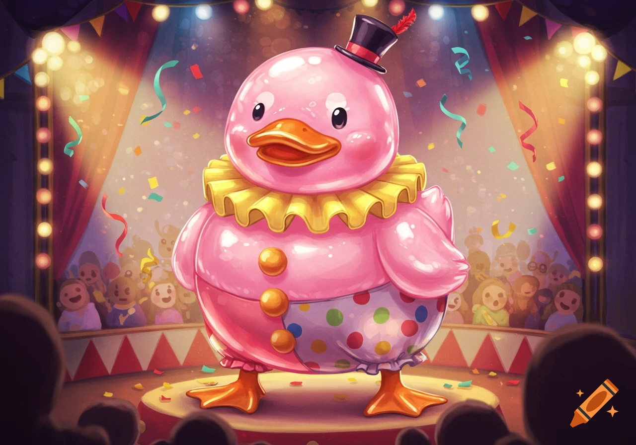 A shiny pink duck in a colorful clown costume, complete with a ruff and a small top hat, stands on a circus stage under spotlights with confetti falling.