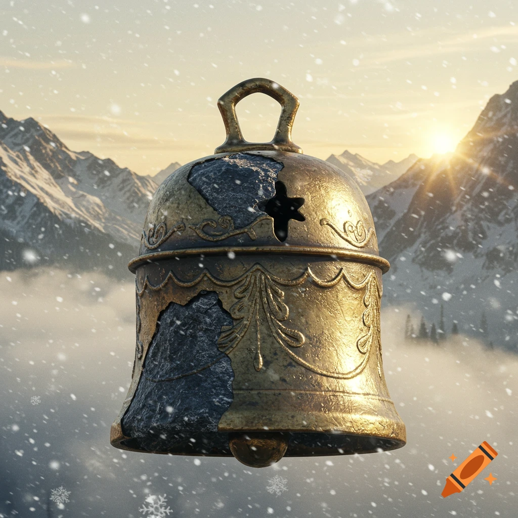 A worn golden bell with rock fragments against a snowy mountain range and sunset.