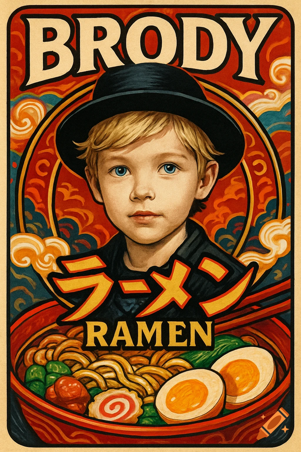 Illustrated ramen label featuring a blonde boy in a black hat above a bowl of ramen. Text reads 'BRODY' and 'RAMEN'.