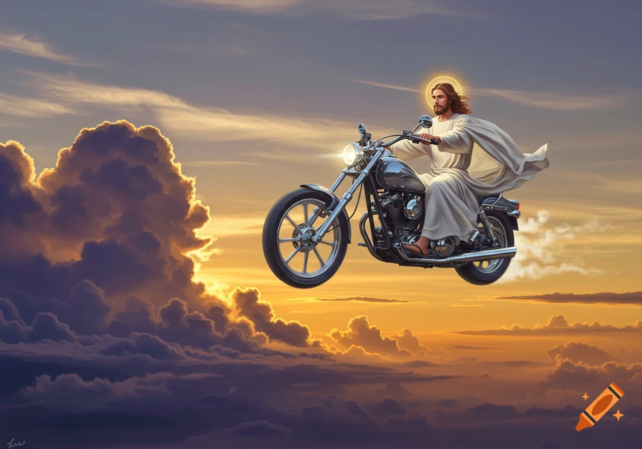 Jesus, wearing a white robe, flies a motorcycle through a cloudy sunset sky.