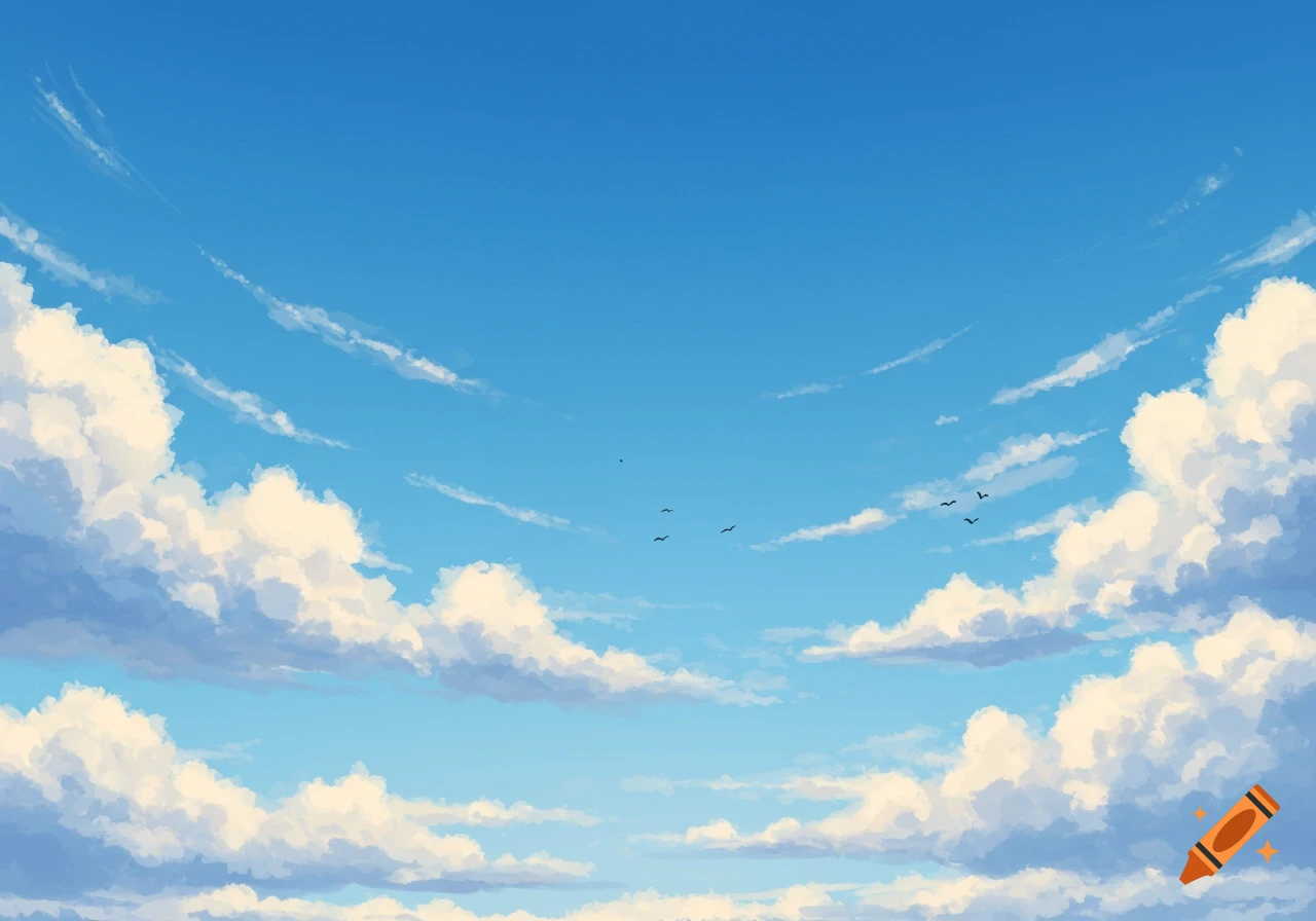 Bright blue sky with fluffy white clouds and distant black birds, in an anime art style.