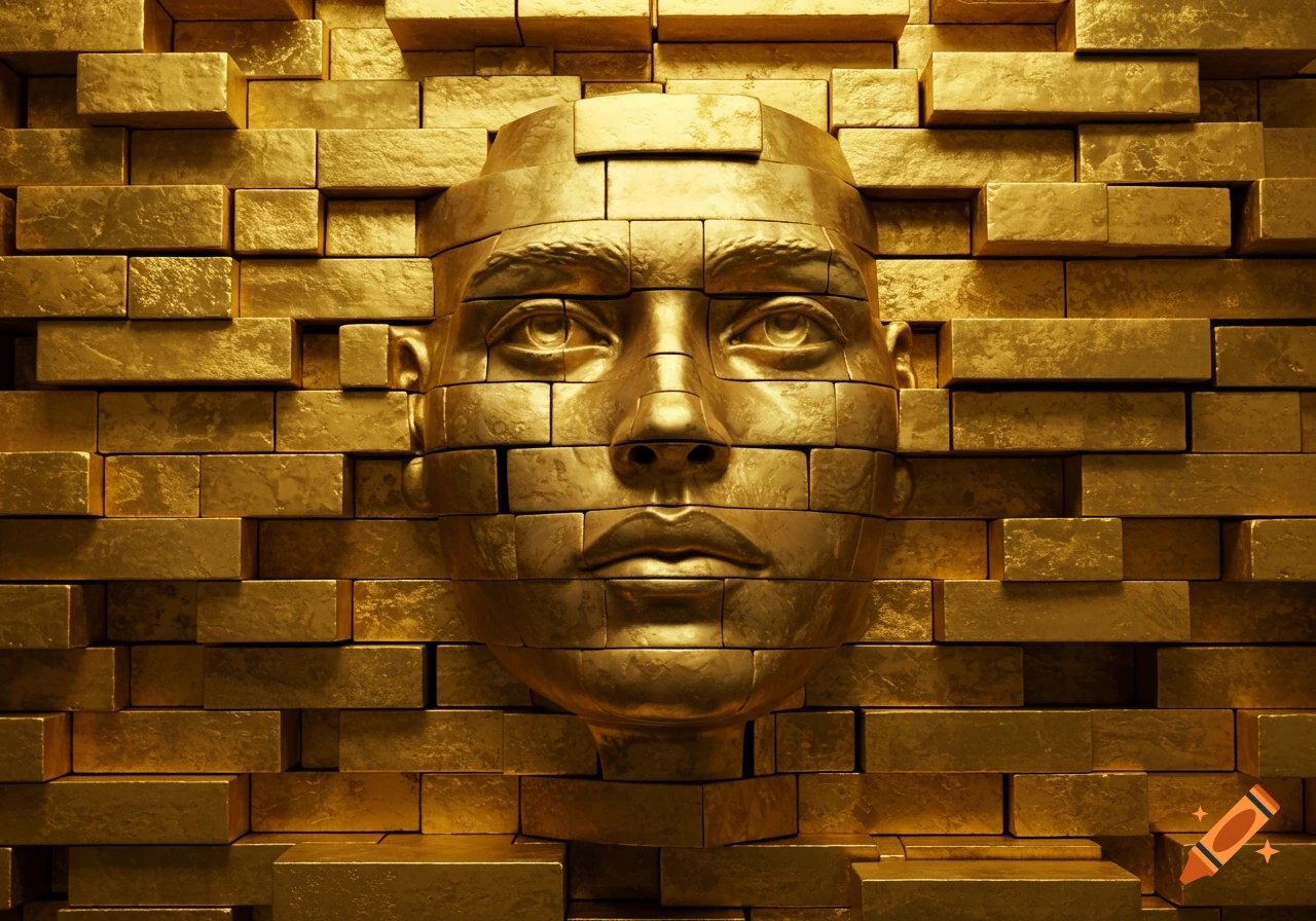 A golden, block-like human face emerges from a golden brick wall, rendered in a detailed, sculptural style.