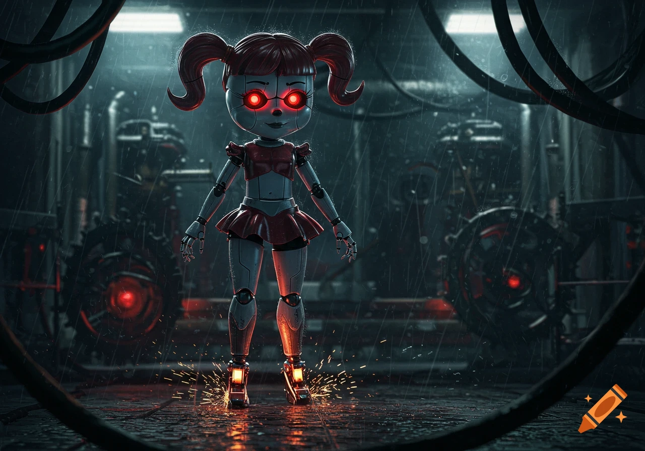 Red-eyed animatronic doll in pigtails and a skirt stands in a rainy industrial setting with sparks flying from its feet.
