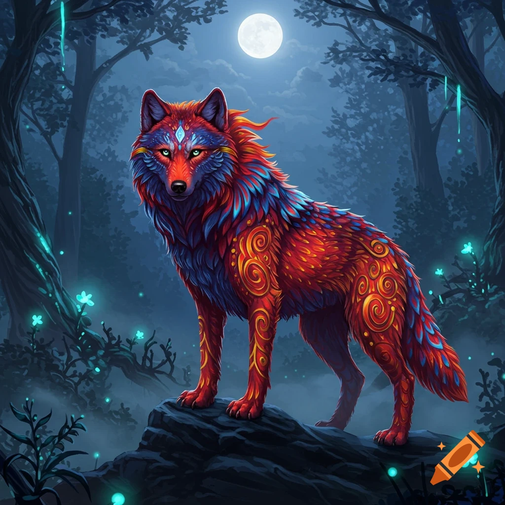 A vibrant, alebrijas-style wolf with red, blue, and gold swirl patterns stands on a rock in a mystical, moonlit forest with glowing plants.