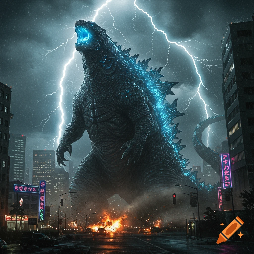 Godzilla roars with glowing blue spines in a city under a stormy sky with lightning, rain, and explosions.