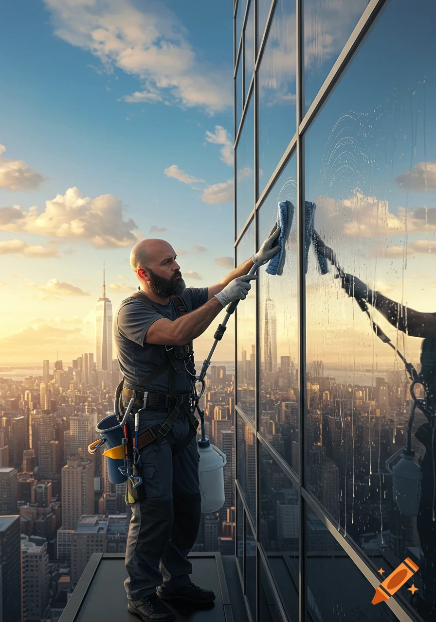 A bald, bearded window cleaner on a skyscraper, cleaning windows with a city skyline and sunset visible in the background. Photorealistic.