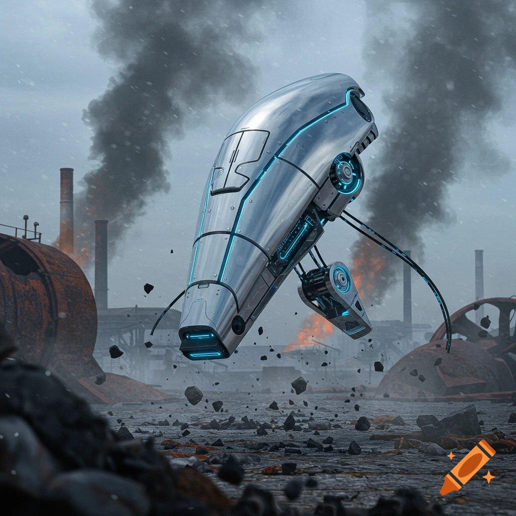 A sleek silver futuristic drone with blue lights hovers above debris in a desolate industrial wasteland with smoking factories and fires.