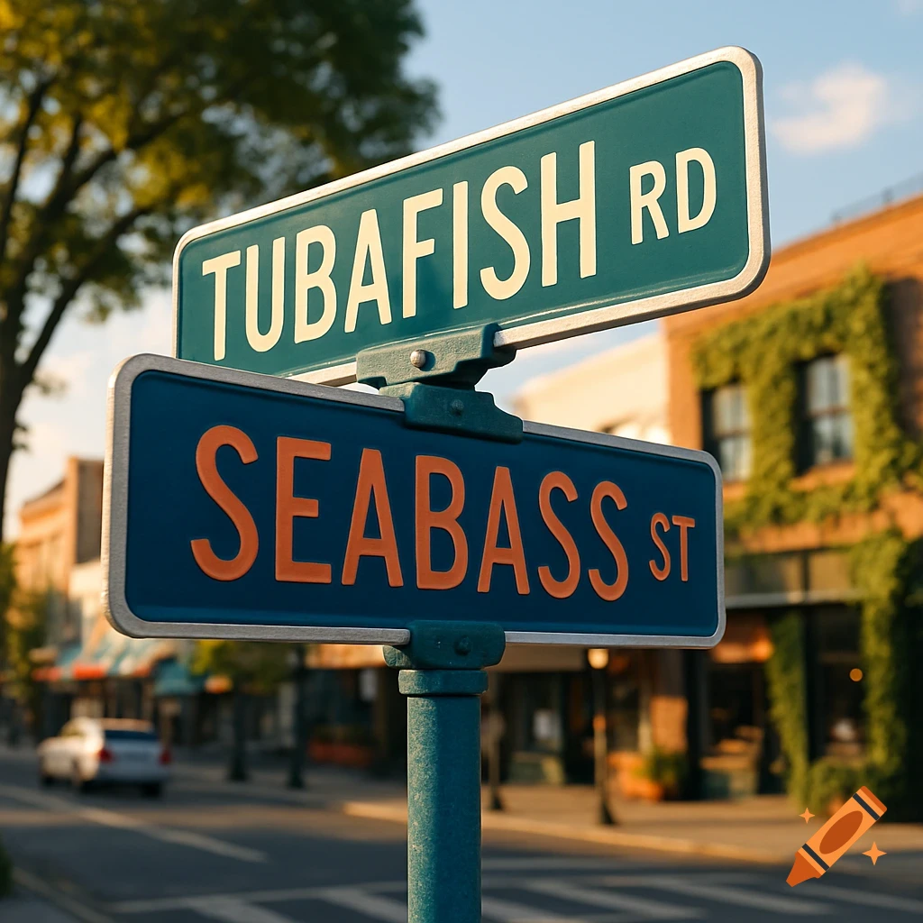 Photorealistic image of two green and blue street signs, reading 'Tubafish Rd' and 'Seabass St', at a sunny urban intersection.