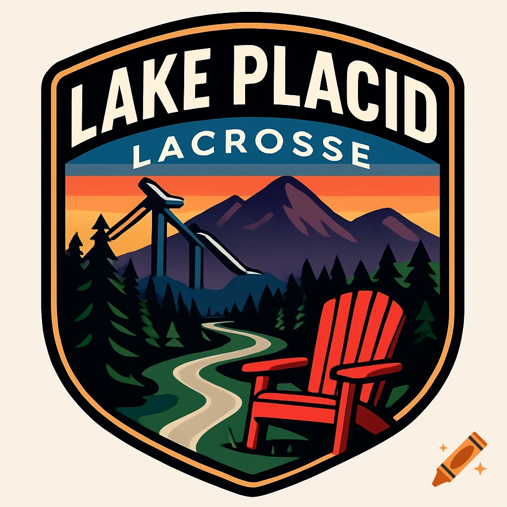 Shield-shaped logo for Lake Placid Lacrosse with mountains, ski jumps, pine trees, a winding road, and a red Adirondack chair.