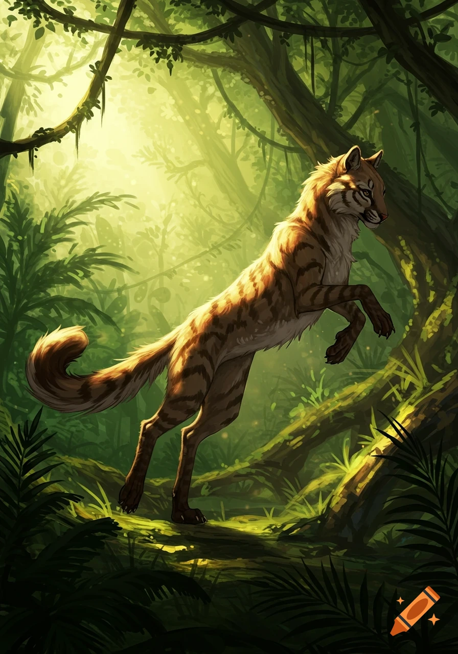 A stylized tiger-like creature with striped fur leaps through a vibrant, sunlit jungle with lush green foliage.