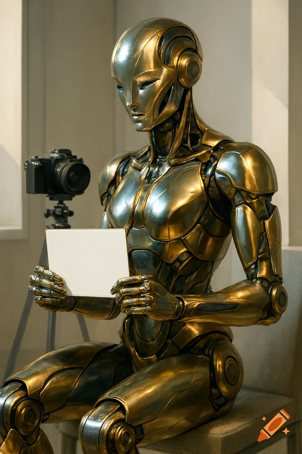 A metallic gold and silver robot sits, holding a small blank white sign. A black camera on a tripod is in the background.