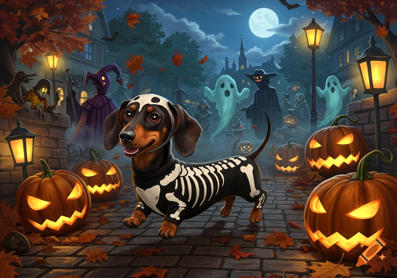 A cheerful dachshund in a skeleton costume walks among glowing jack-o'-lanterns and ghosts on a spooky Halloween night.