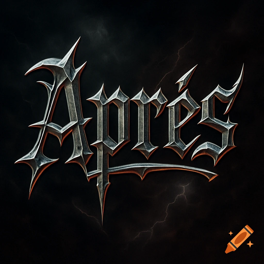 A logo featuring the word 'Après' in a sharp, metallic heavy metal font, set against a dark, stormy background.