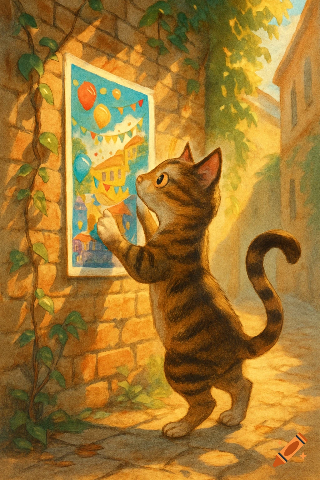 A tabby cat pins a colorful festive poster to a sunlit brick wall in an alley, watercolor illustration.