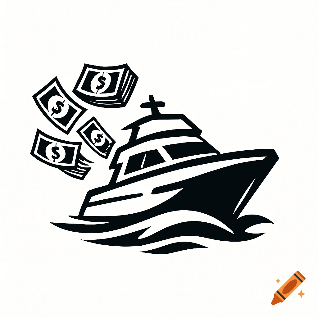 Black and white cartoon logo of a yacht on water with cash flying off the back.
