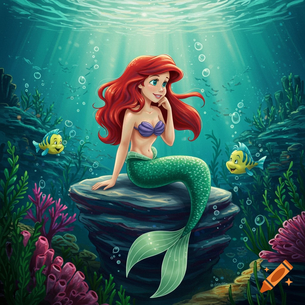 Ariel the Little Mermaid with long red hair and a green tail sits on a rock underwater with Flounder swimming nearby, in an animated style.