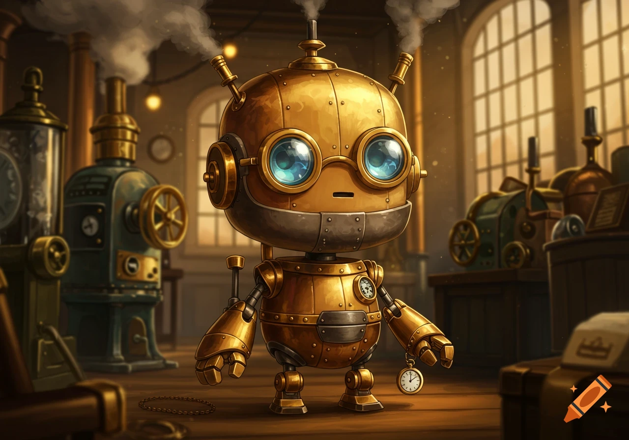 An adorable golden steampunk robot with large blue goggles stands in a workshop filled with gears and machinery, holding a small pocket watch.
