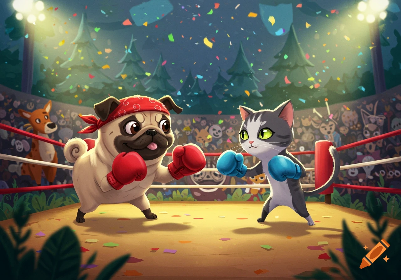 A cartoon pug in a red bandana and red boxing gloves faces a cat in blue boxing gloves inside a boxing ring, with confetti falling.
