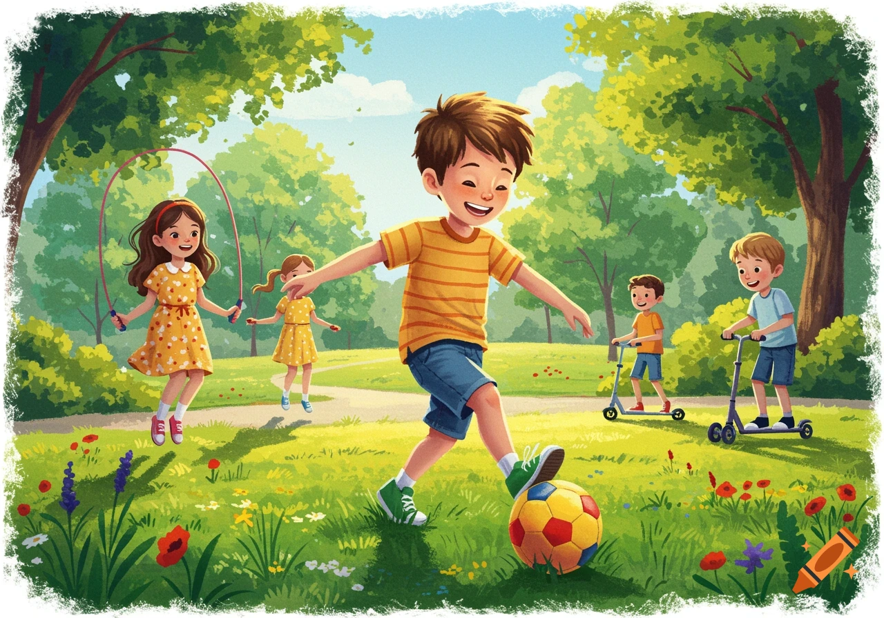 Vibrant illustration of children playing in a sunny park: a boy plays soccer, two girls skip rope, and two boys ride scooters.