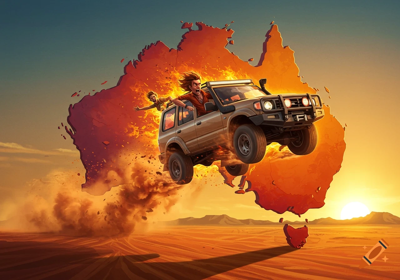 Cartoon of a 4x4 car with two people jumping from an exploding map of Australia over a desert at sunset.
