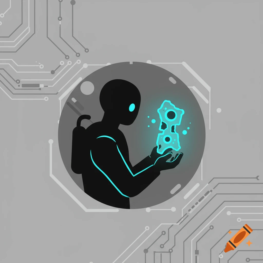 A stylized black figure with glowing blue eyes holds a glowing blue alien artifact. The background features circuit board patterns.