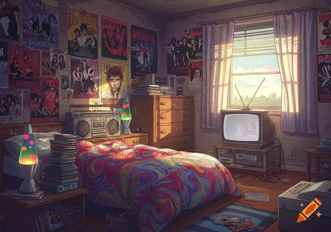 A cluttered, nostalgic 80s/90s teenage boy's bedroom with band posters, lava lamps, a boombox, an old TV, and a colorful bedspread.