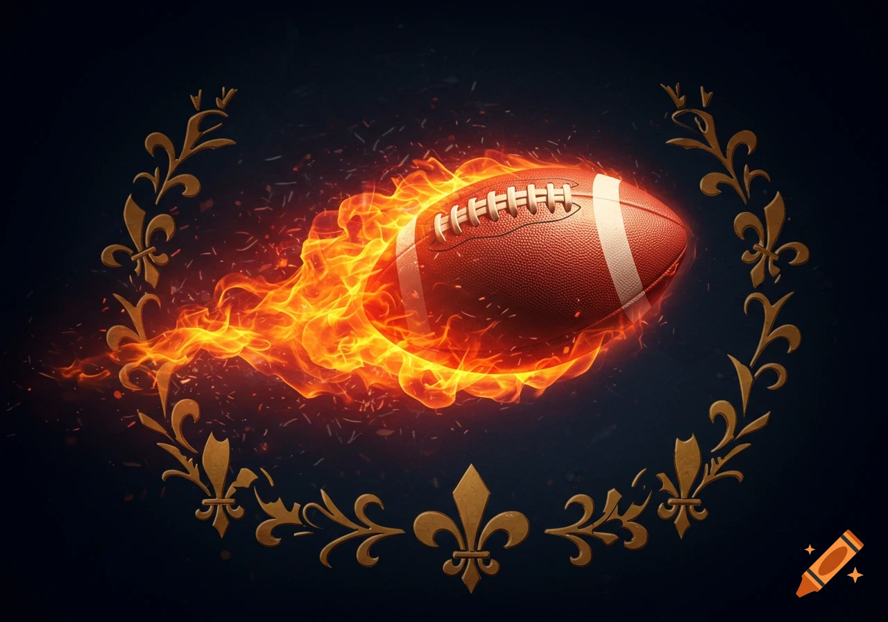 A flaming football flies through a golden fleur-de-lys frame on a dark background.