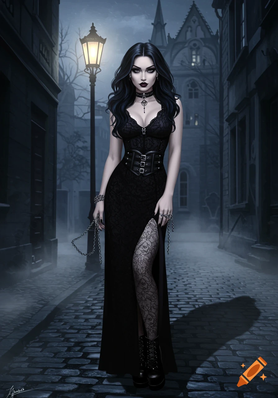 A dark-haired gothic woman in a black dress with a corset stands on a foggy cobblestone street at night, illuminated by a lamppost.