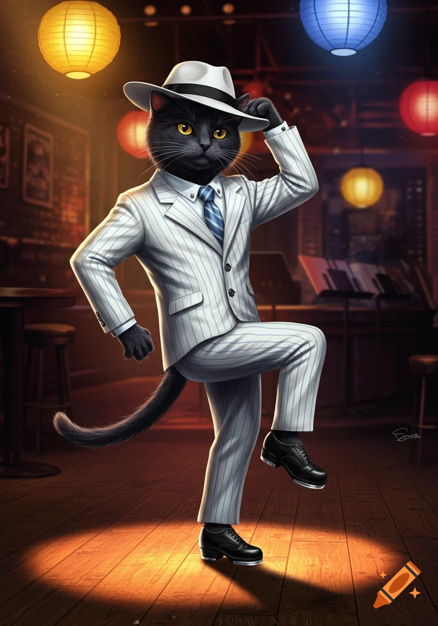 Anthropomorphic black cat in a white pinstripe suit, fedora, and tap shoes, dancing in a dimly lit jazz club with lanterns.